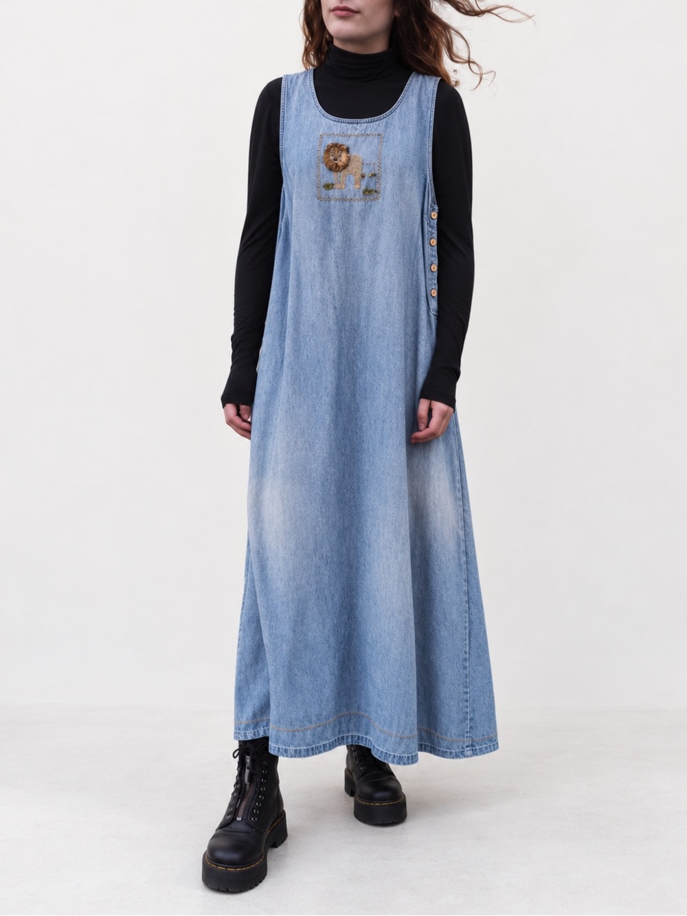 Lemon Grass Chambray Denim Maxi Dress Lion Embroidered 100% Cotton Size 1X